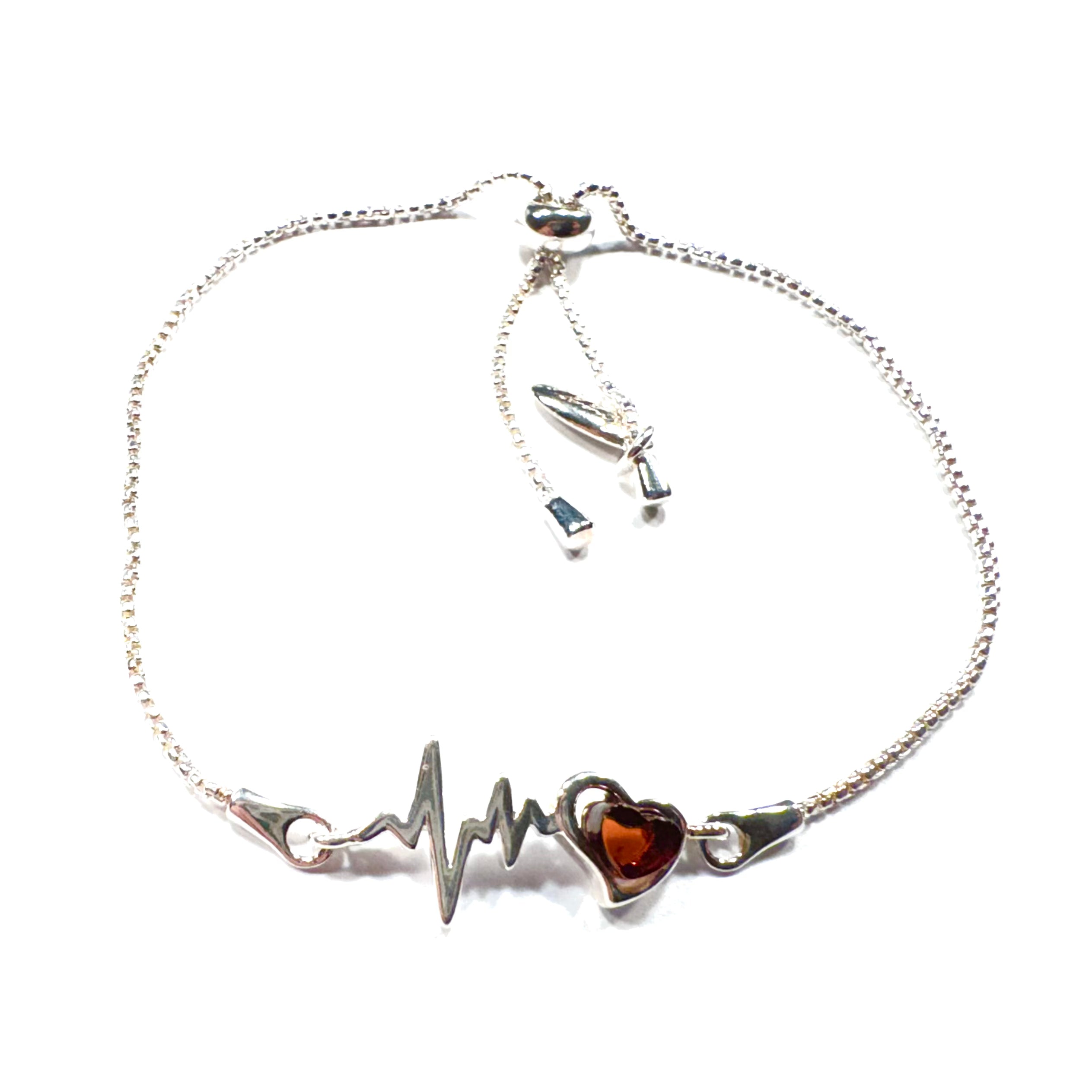 Filigranes Silberarmband mit Herzschlag-Design und herzförmigem Bernstein, eingefasst in 925er Silber. Verstellbarer Zugverschluss für eine perfekte Passform.